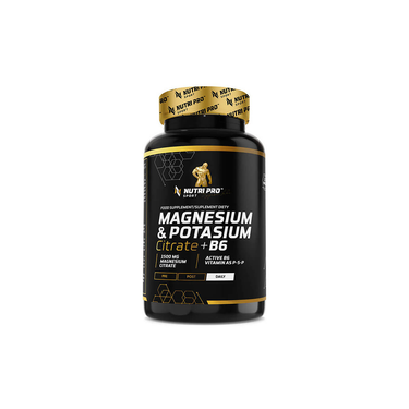 A black and yellow bottle of Nutri Pro Sport Magnesium & Potassium Citrate + B6 60 Capsules dietary supplement is displayed against a white background.